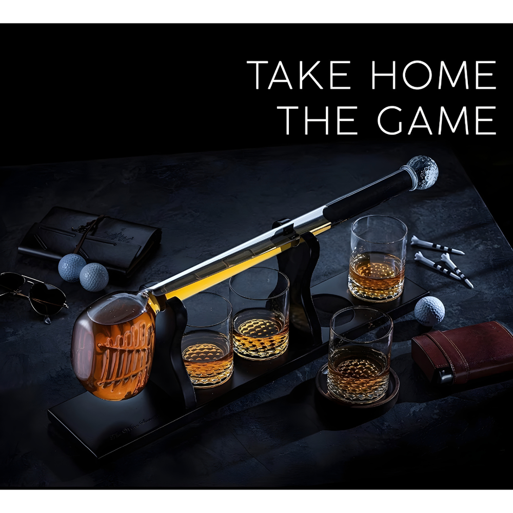 Golf Whiskey Decanter Set - Pure Crystal (Premium Gift Box) with whiskey glasses and golf-themed decor.