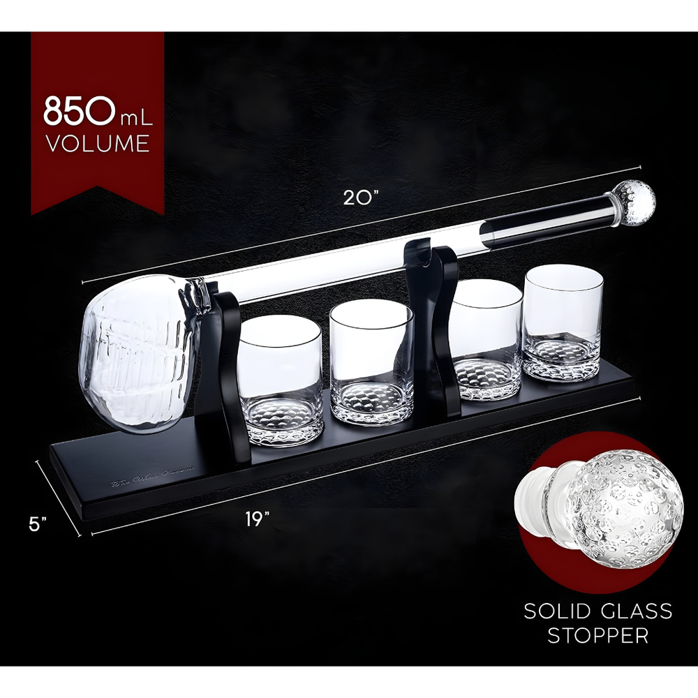 Golf Whiskey Decanter Set - Pure Crystal (Premium Gift Box) featuring 850ml decanter and four glasses.