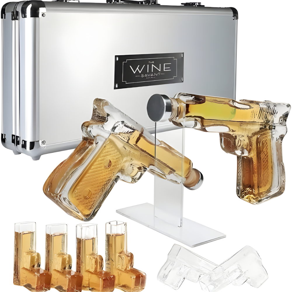 Pistol Whiskey Decanter Set featuring crystal decanter and glasses in premium gift box.