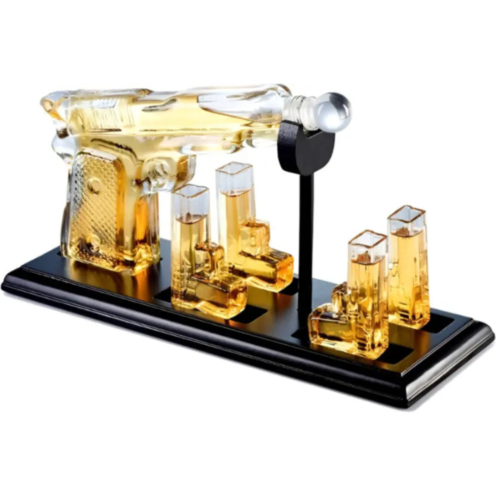 Pistol Whiskey Decanter Set showcasing a crystal decanter and glasses, perfect for bold whiskey presentations.