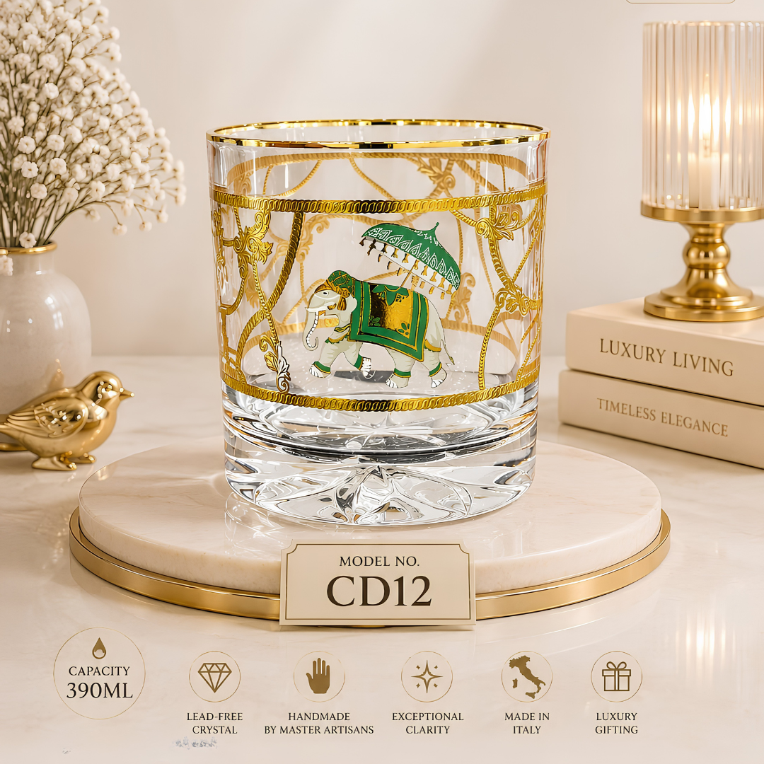 Royal Heritage Elephant Crystal Tumbler - Real Gold Plated - Set of 6 with Leather Briefcase