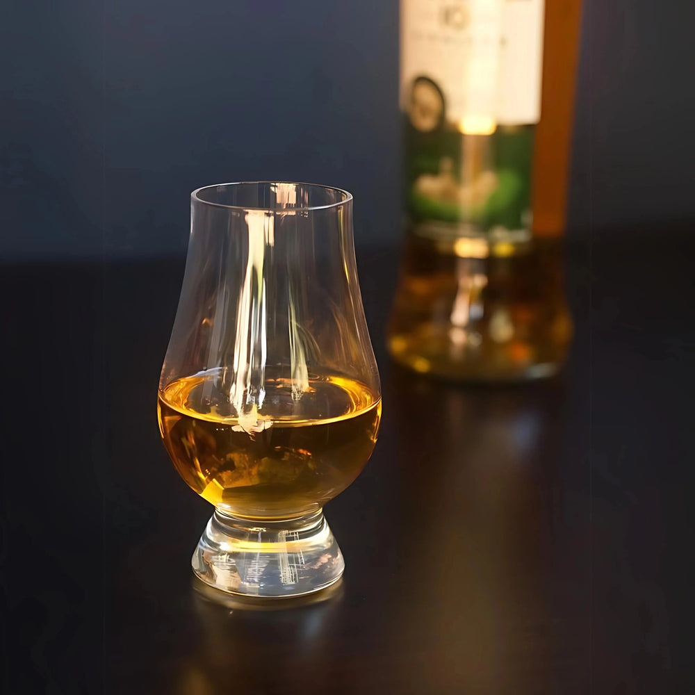 The Glenkin Glass from a different angle, highlighting its clean design and wide rim.