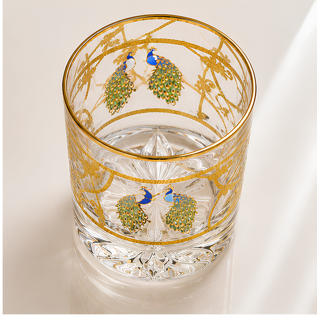 Crystal Peacock Whiskey Glass - Real Gold Plated - Set of 6 with Leather Briefcase