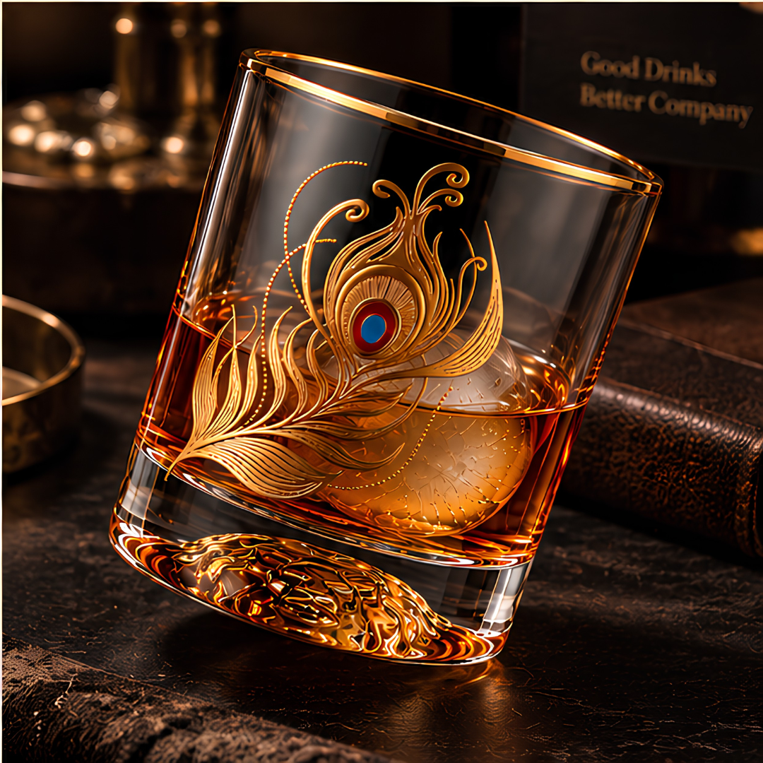 Majestic Peacock Wing Crystal Whiskey Glass – Set of 6 - Handmade