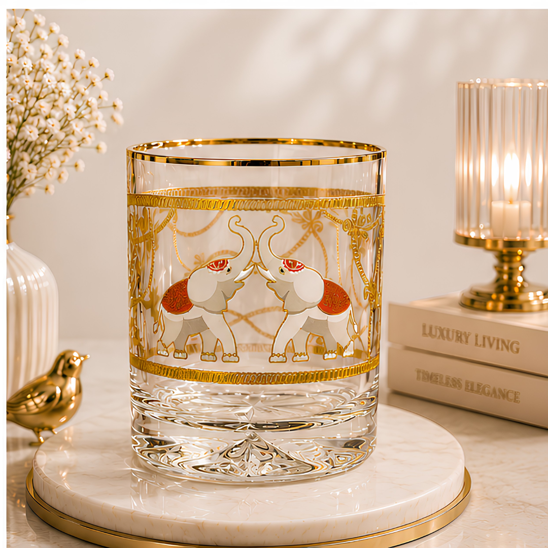 Majestic Elephant Crystal Tumbler - Real Gold Plated - Set of 6 with Leather Briefcase