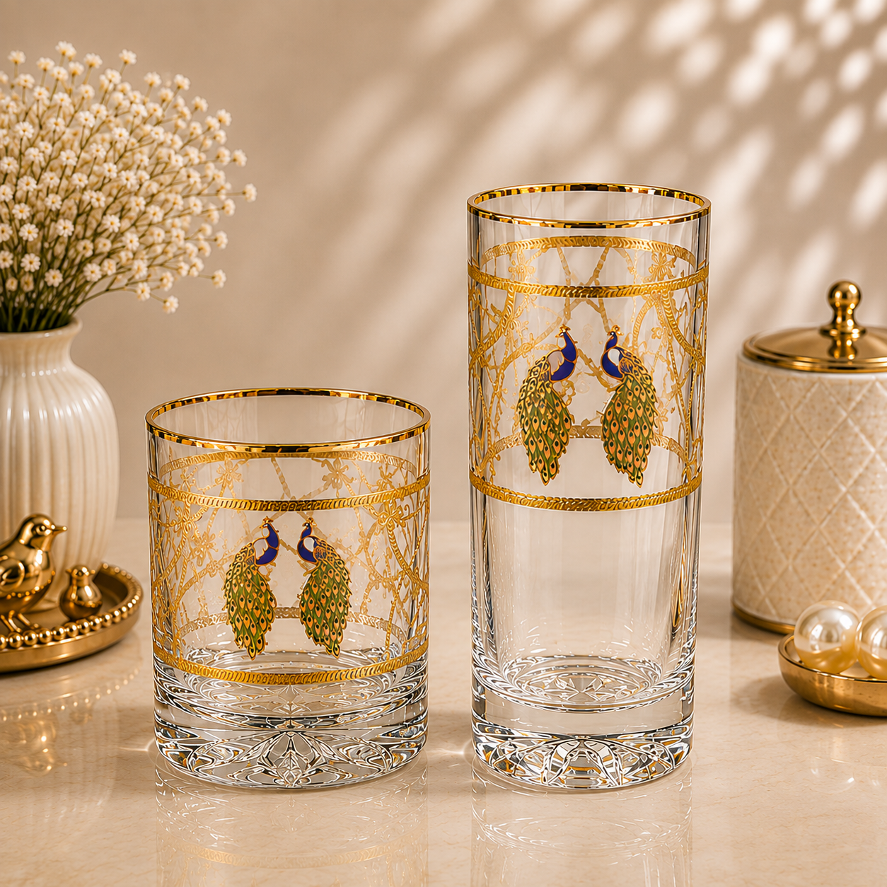 Crystal Peacock Whiskey Glass - Real Gold Plated - Set of 6 with Leather Briefcase