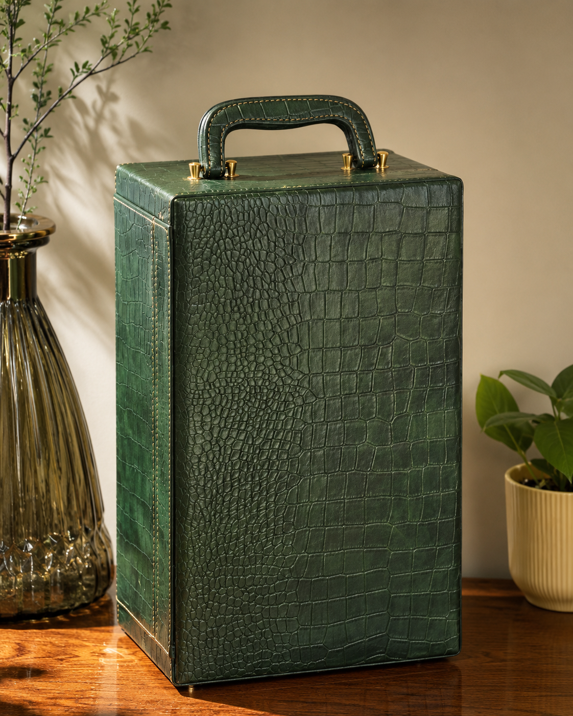 Leather Bar Briefcase With 3 Whiskey Glasses And Bar Tools