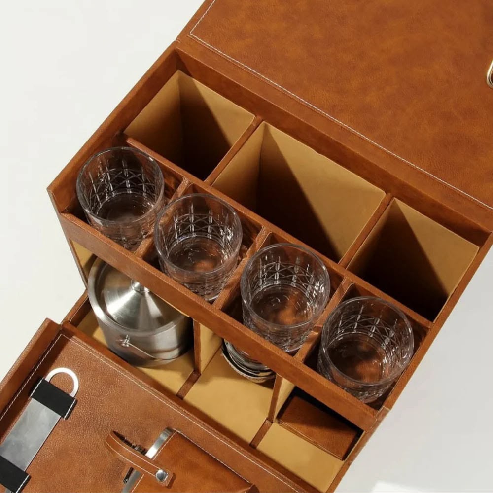 Luxury Portable Whiskey Bar Kit With Glasses And Accessories With 4 Bottle Holder Space