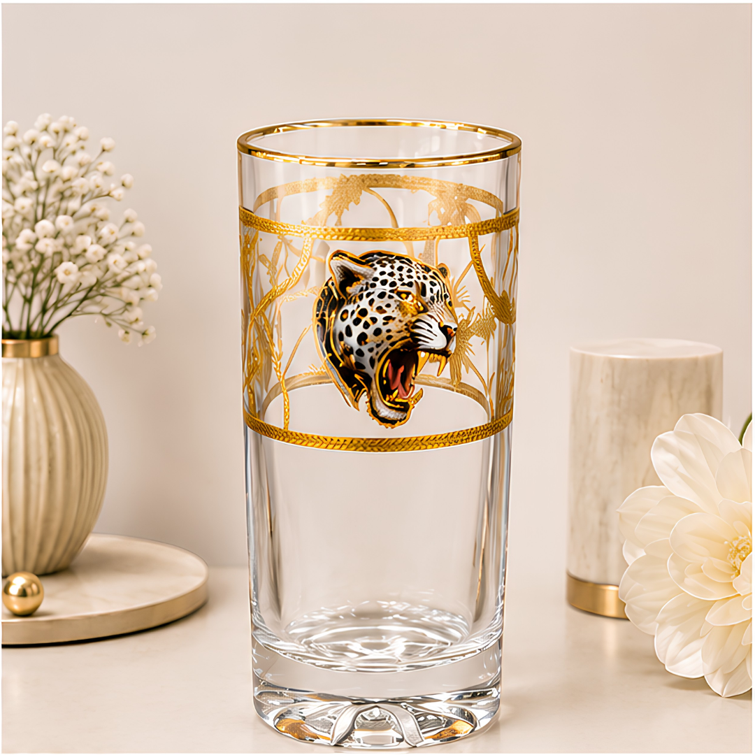 Crystal White Tiger Whiskey Glass - Real Gold Plated - Set of 6 with Leather Briefcase
