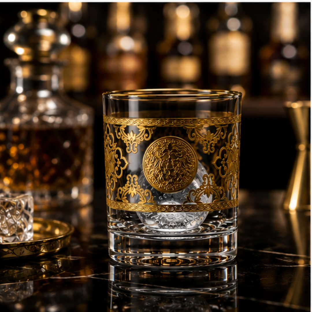 Royal Lion Whiskey Glass – Real Gold Embossed | Ash Crystal | Set of 6