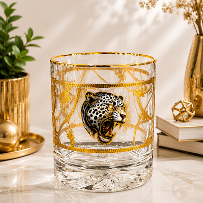 Crystal White Tiger Whiskey Glass - Real Gold Plated - Set of 6 with Leather Briefcase