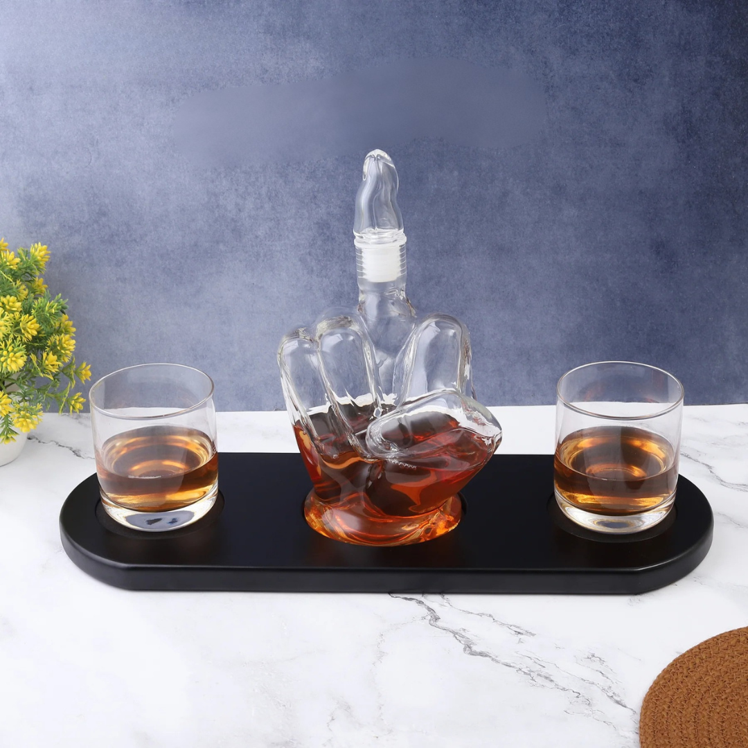 Middle Finger Crystal Whiskey Decanter Set - 1 Decanter 2 Glasses 1 Wooden Stand