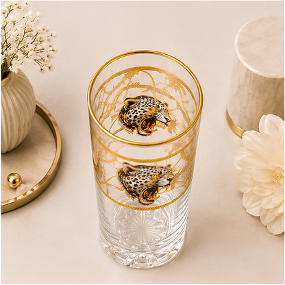 Crystal White Tiger Whiskey Glass - Real Gold Plated - Set of 6 with Leather Briefcase