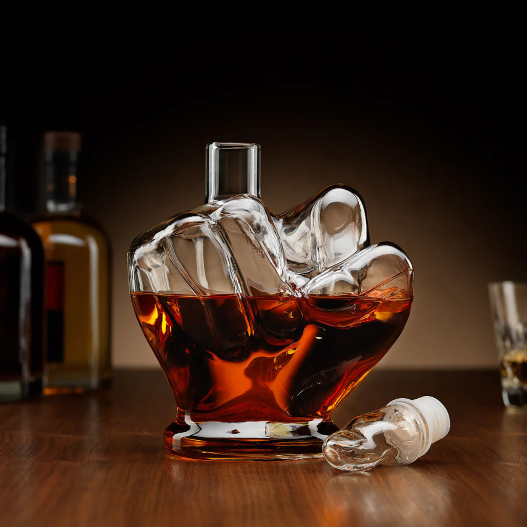 Middle Finger Crystal Whiskey Decanter Set - 1 Decanter 2 Glasses 1 Wooden Stand