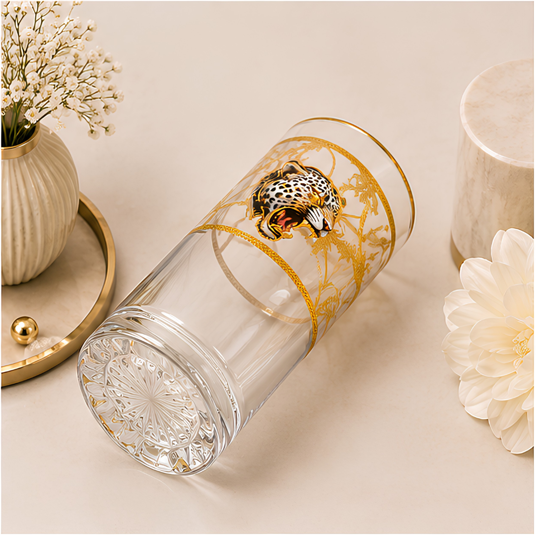 Crystal White Tiger Whiskey Glass - Real Gold Plated - Set of 6 with Leather Briefcase