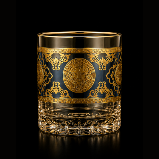 Crystal Embossed Lion Whiskey Glass – Blue Sapphire Tint | Set of 6