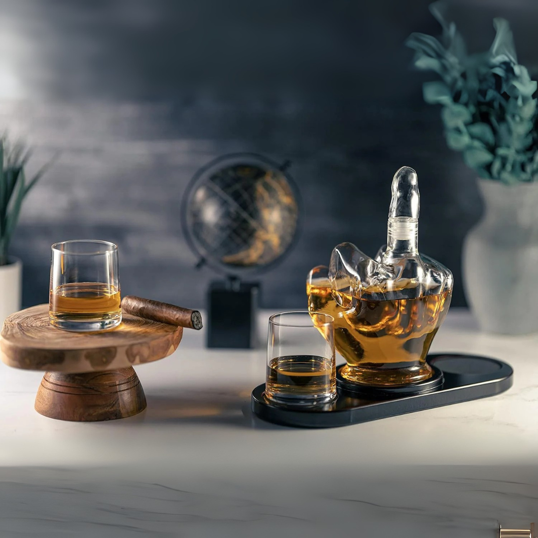 Middle Finger Crystal Whiskey Decanter Set - 1 Decanter 2 Glasses 1 Wooden Stand
