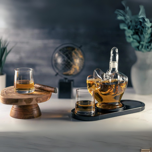 Middle Finger Crystal Whiskey Decanter Set - 1 Decanter 2 Glasses 1 Wooden Stand