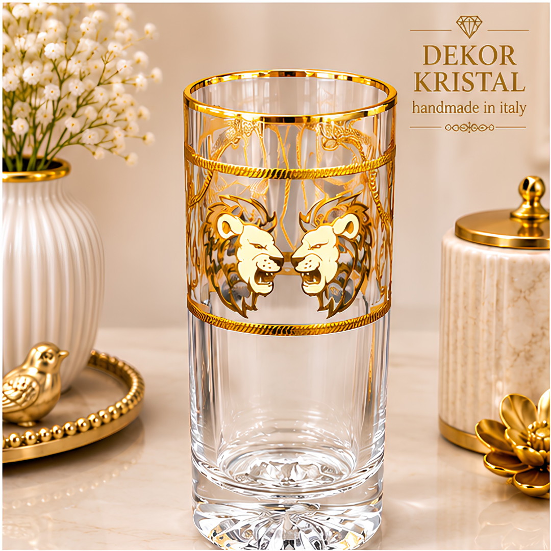 Crystal Lion Embossed Whiskey Glass - Real Gold Plated - Set of 6 with Leather Briefcase