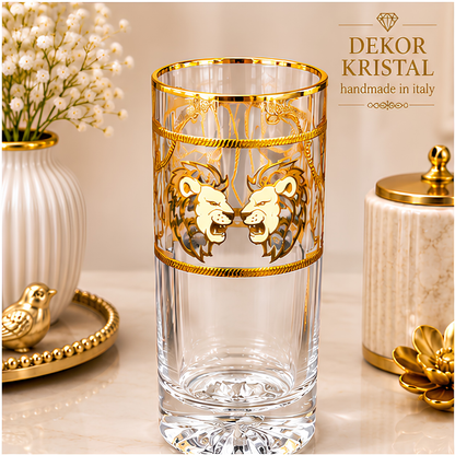 Crystal Lion Embossed Whiskey Glass - Real Gold Plated - Set of 6 with Leather Briefcase