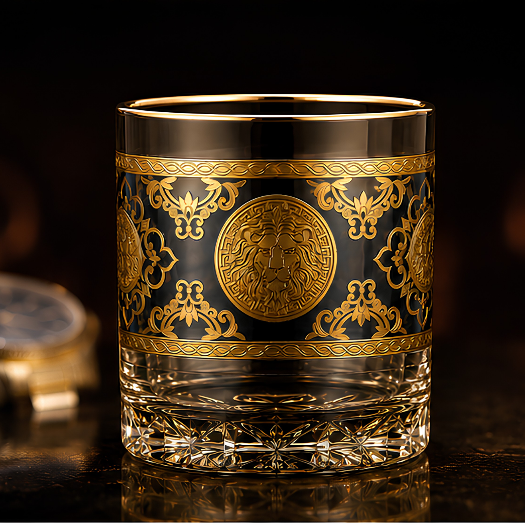 Crystal Embossed Lion Whiskey Glass – Blue Sapphire Tint | Set of 6