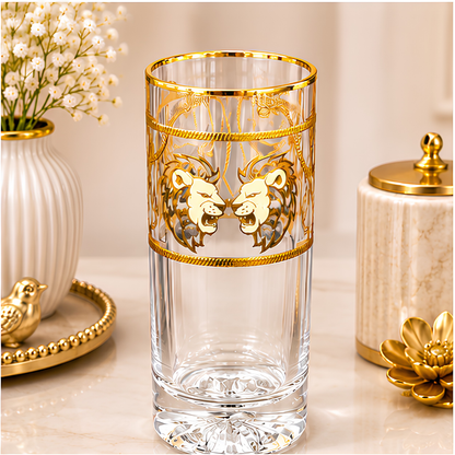 Crystal Lion Embossed Whiskey Glass - Real Gold Plated - Set of 6 with Leather Briefcase