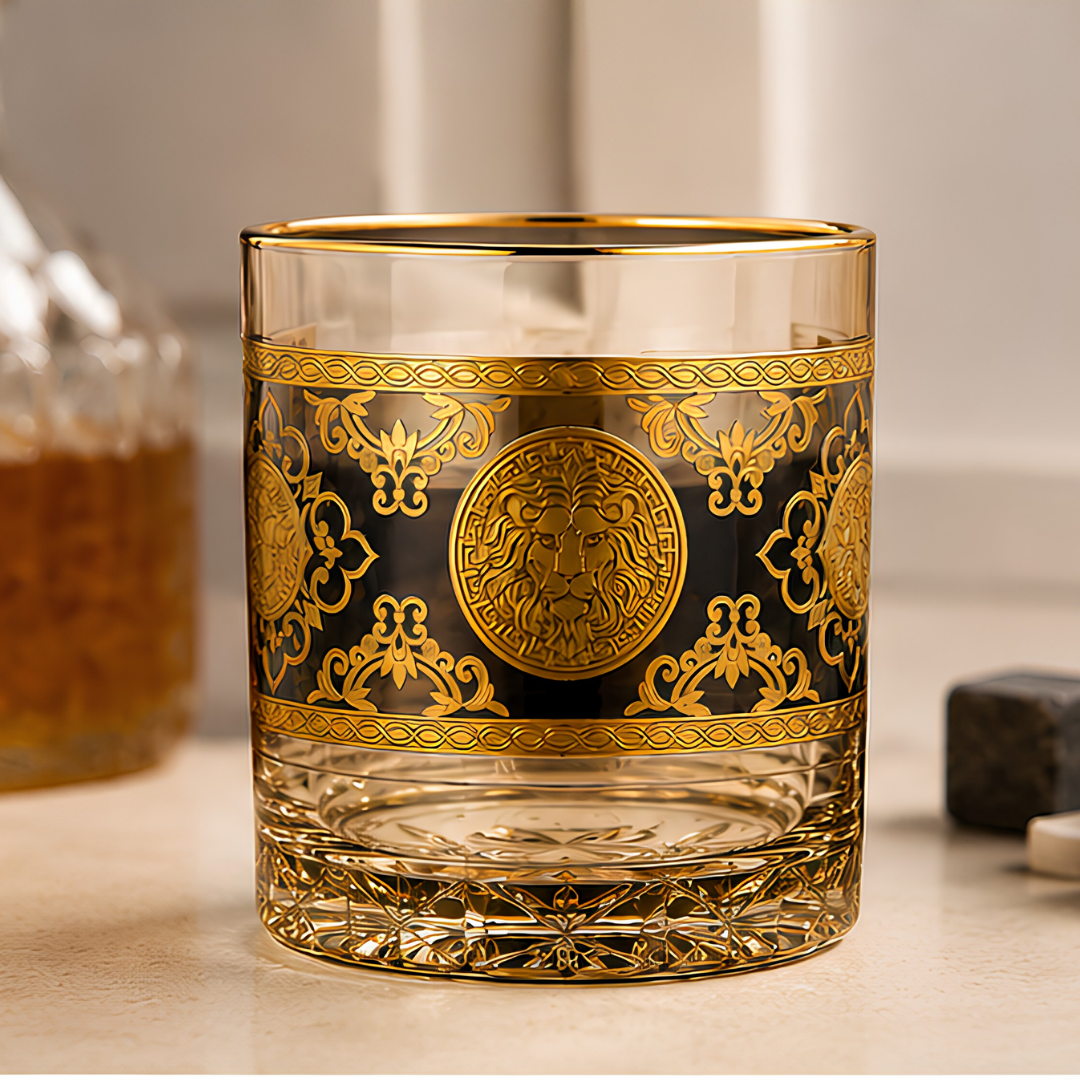 Crystal Embossed Lion Whiskey Glass – Blue Sapphire Tint | Set of 6