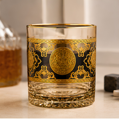 Crystal Embossed Lion Whiskey Glass – Blue Sapphire Tint | Set of 6