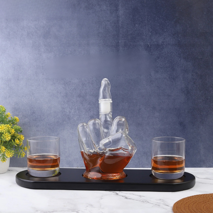 Middle Finger Crystal Whiskey Decanter Set - 1 Decanter 2 Glasses 1 Wooden Stand