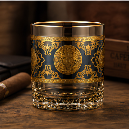 Crystal Embossed Lion Whiskey Glass – Blue Sapphire Tint | Set of 6