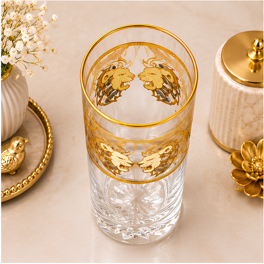 Crystal Lion Embossed Whiskey Glass - Real Gold Plated - Set of 6 with Leather Briefcase