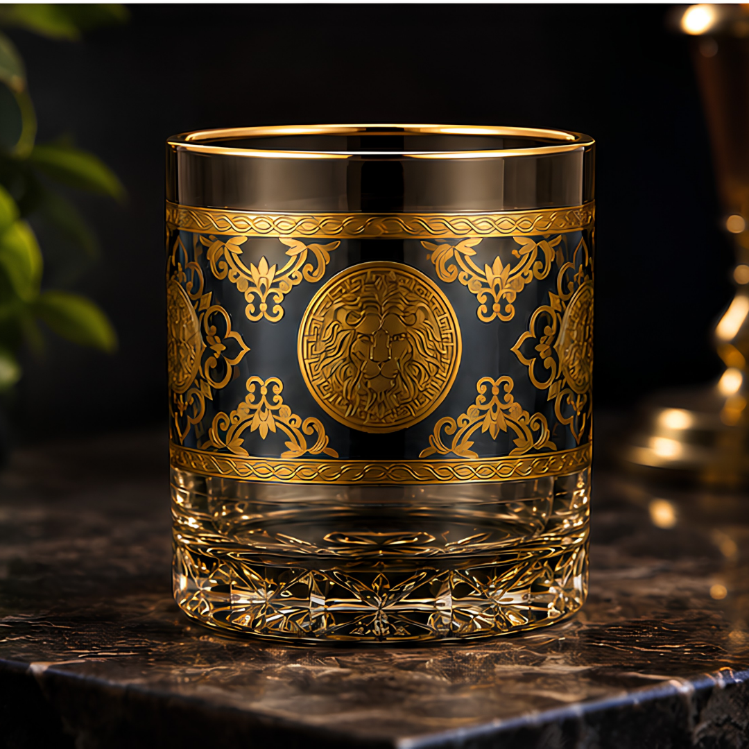 Crystal Embossed Lion Whiskey Glass – Blue Sapphire Tint | Set of 6