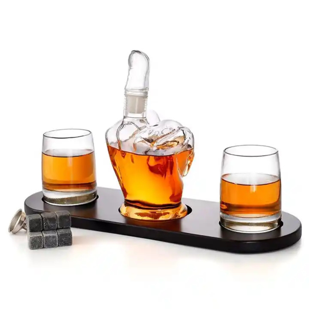 Middle Finger Crystal Whiskey Decanter Set - 1 Decanter 2 Glasses 1 Wooden Stand