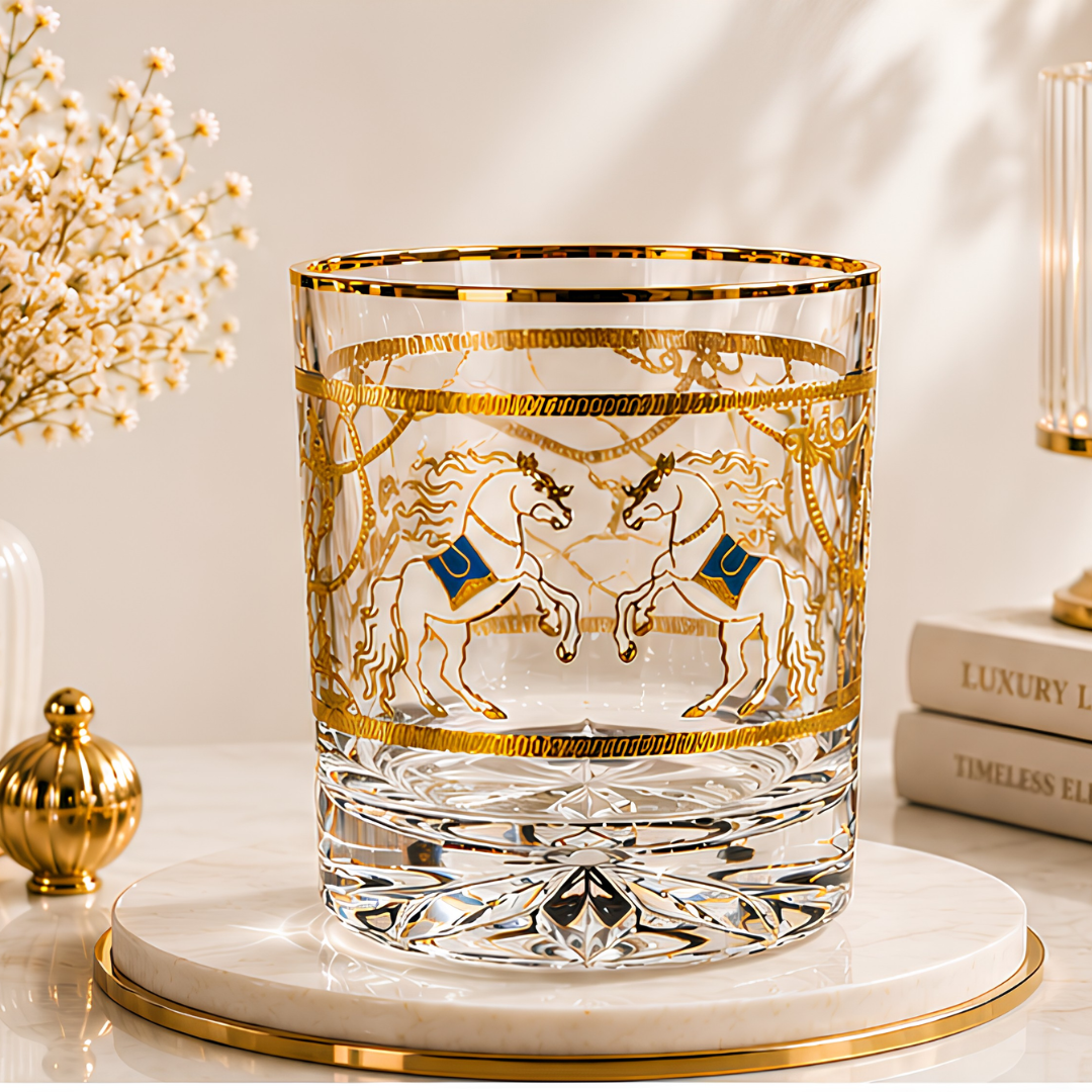 Crystal Mustang Whiskey Glass - Real Gold Plated - Set of 6 with Leather Briefcase