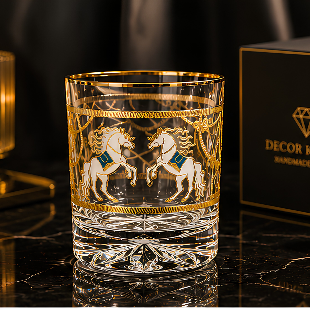 Crystal Mustang Whiskey Glass - Real Gold Plated - Set of 6 with Leather Briefcase