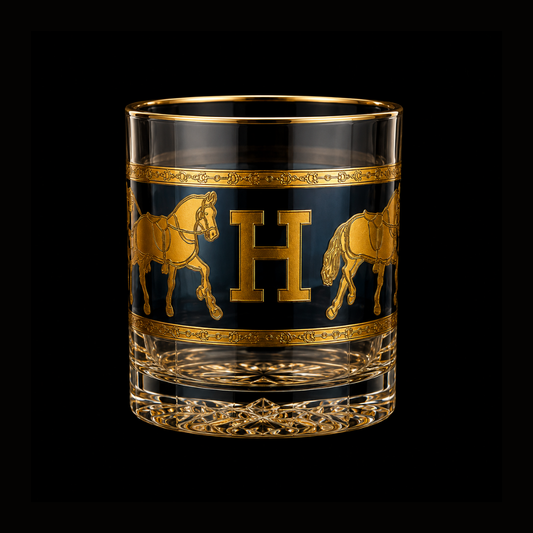 Royal Hermes Crystal Whiskey Glass With Blue Sapphire Tint – Real Gold Plated | Set of 6