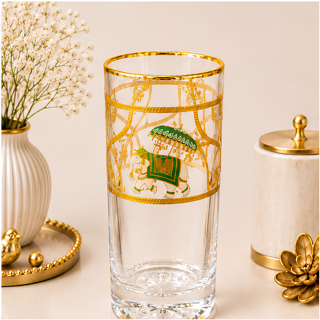 Royal Heritage Elephant Crystal Tumbler - Real Gold Plated - Set of 6 with Leather Briefcase