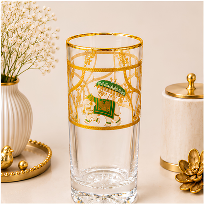 Royal Heritage Elephant Crystal Tumbler - Real Gold Plated - Set of 6 with Leather Briefcase