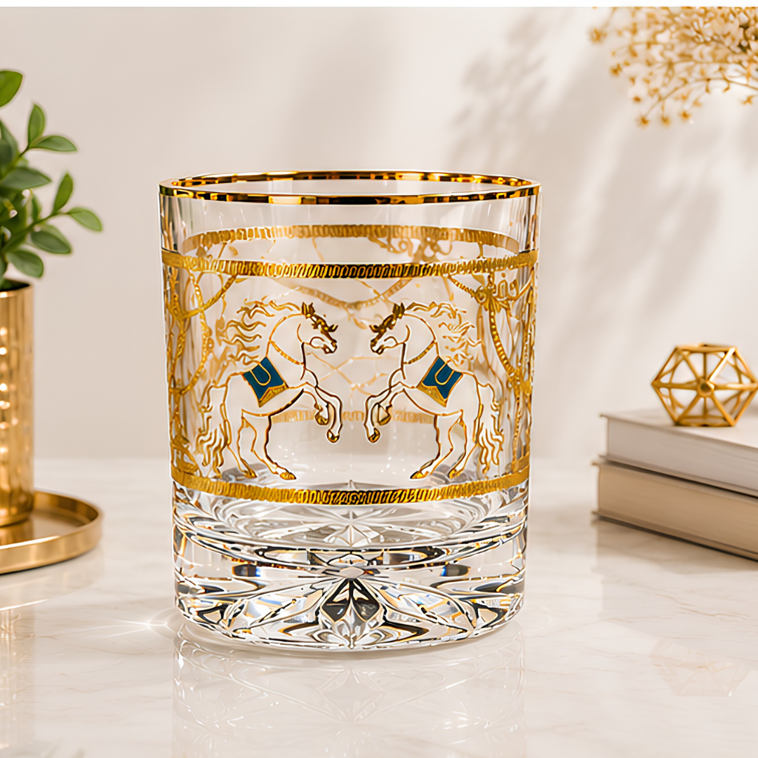 Crystal Mustang Whiskey Glass - Real Gold Plated - Set of 6 with Leather Briefcase