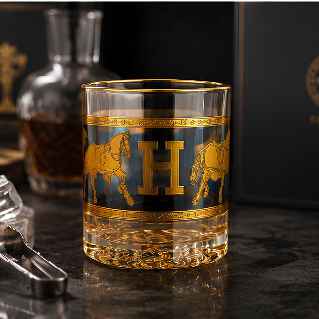 Royal Hermes Crystal Whiskey Glass With Blue Sapphire Tint – Real Gold Plated | Set of 6