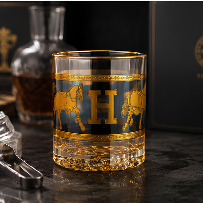 Royal Hermes Crystal Whiskey Glass With Blue Sapphire Tint – Real Gold Plated | Set of 6