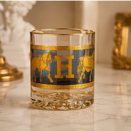 Royal Hermes Crystal Whiskey Glass With Blue Sapphire Tint – Real Gold Plated | Set of 6