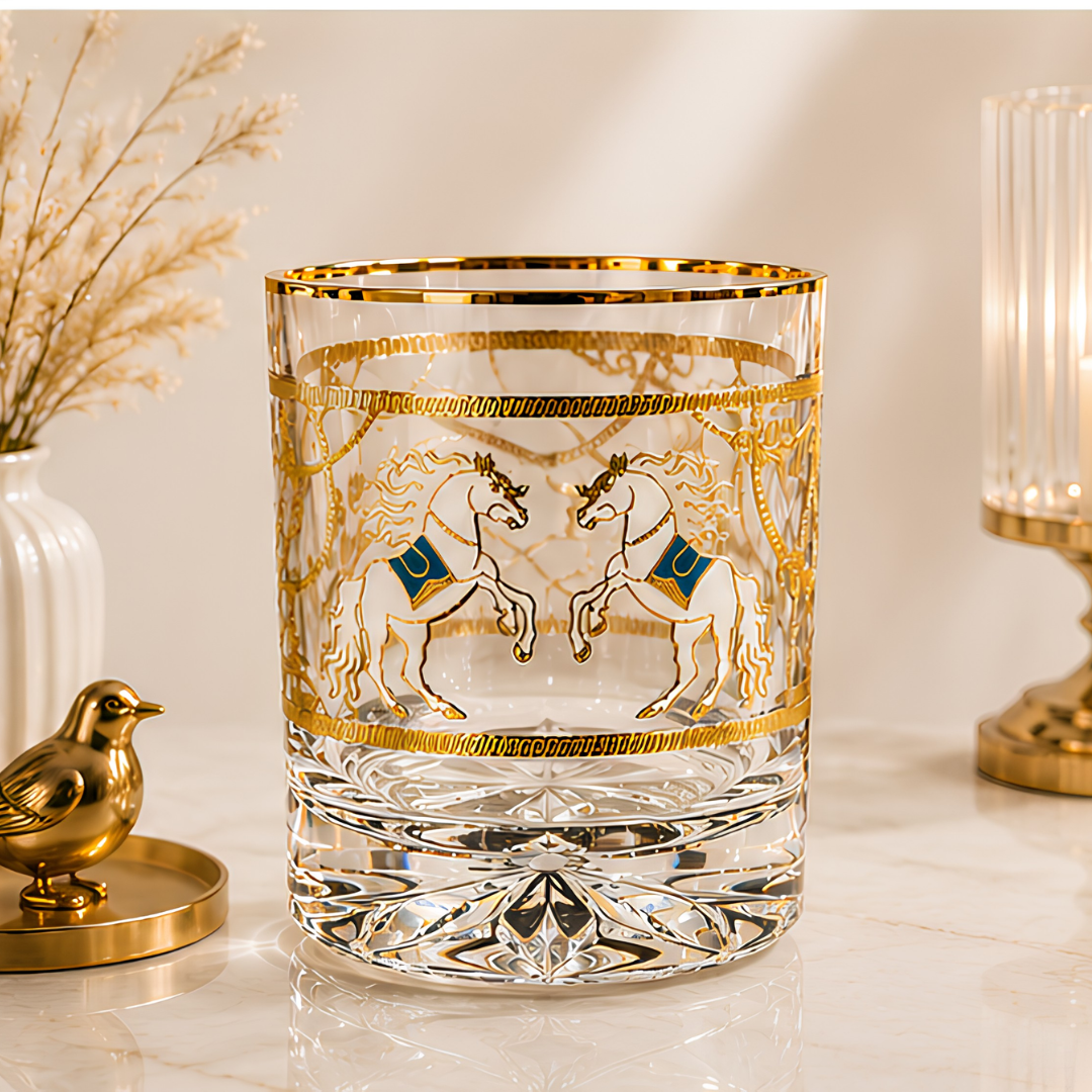 Crystal Mustang Whiskey Glass - Real Gold Plated - Set of 6 with Leather Briefcase