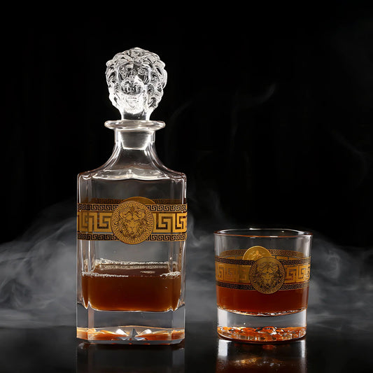 Lion Design Gold-Plated Whiskey Decanter Set