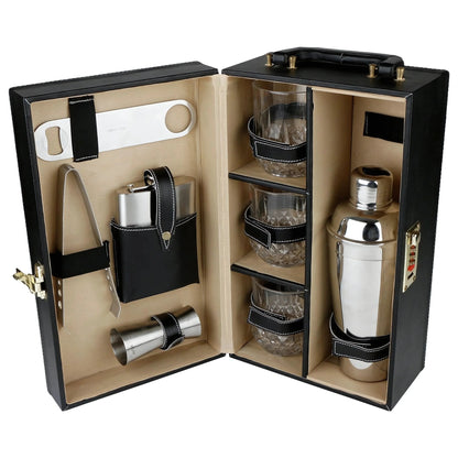 Leather Bar Briefcase With 3 Whiskey Glasses And Bar Tools