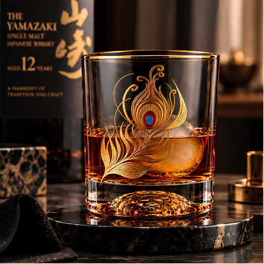 Majestic Peacock Wing Crystal Whiskey Glass – Set of 6 - Handmade