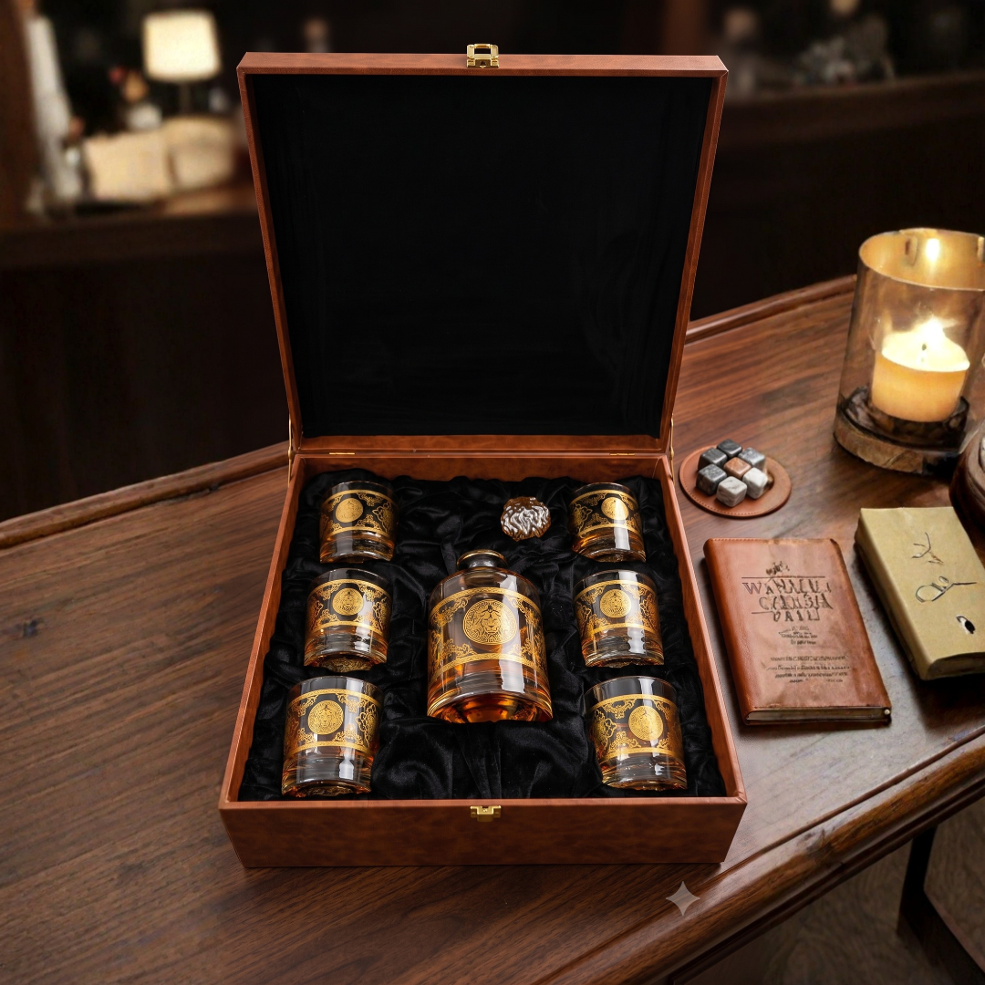Royal Emblem Golden Whiskey Decanter Set - Made Of Japanese Crystal With Premium Leather Box