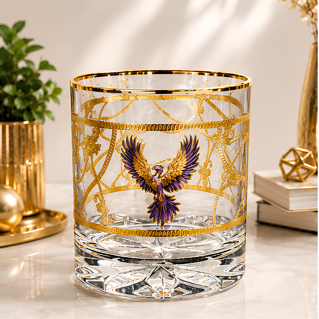 Crystal Phoenix Whiskey Glass - Real Gold Plated - Set of 6 with Leather Briefcase