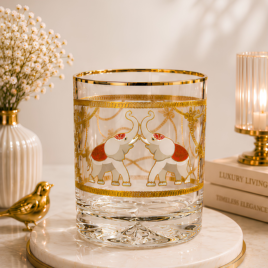 Majestic Elephant Crystal Tumbler - Real Gold Plated - Set of 6 with Leather Briefcase