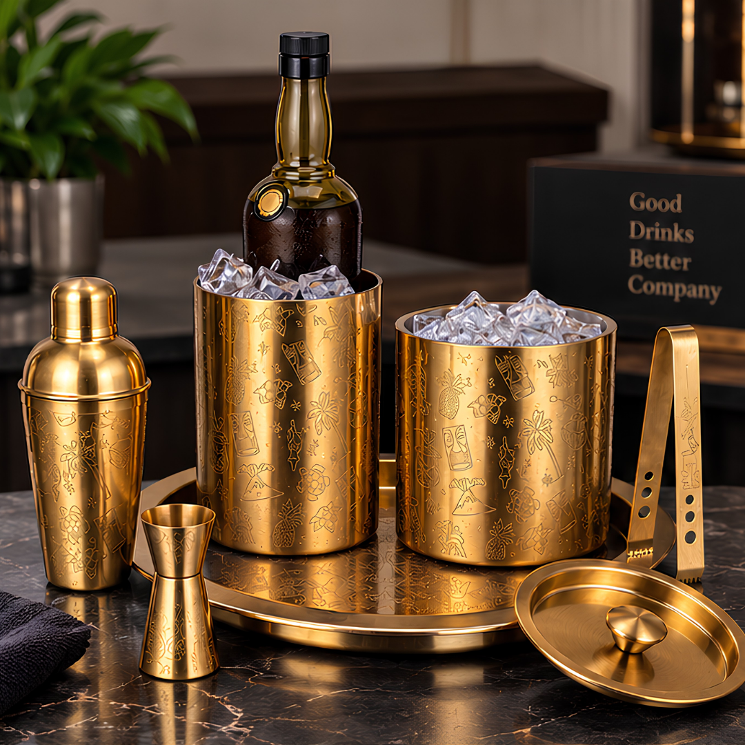 Home Bar Set - Gold Plated - 6 Piece Set - Hand Embossed